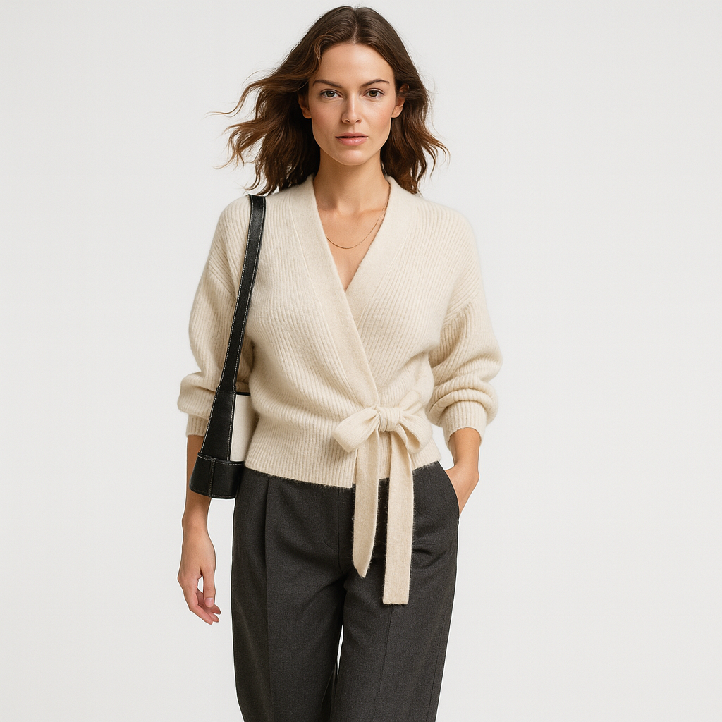 Elegant ribstrikket wrap-cardigan med bindebånd