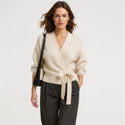 Elegant ribstrikket wrap-cardigan med bindebånd