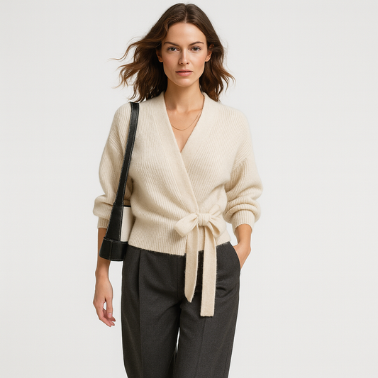 Elegant ribstrikket wrap-cardigan med bindebånd