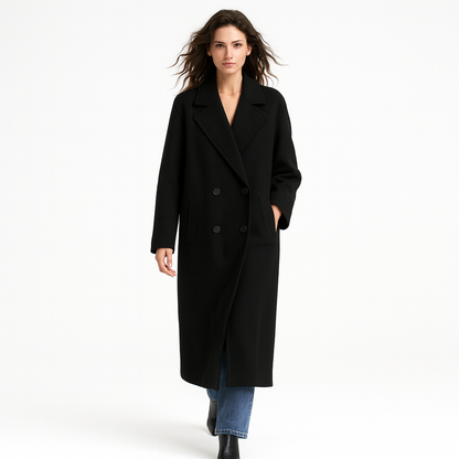 Elegant lang frakke med klassisk snit og stilren silhuet