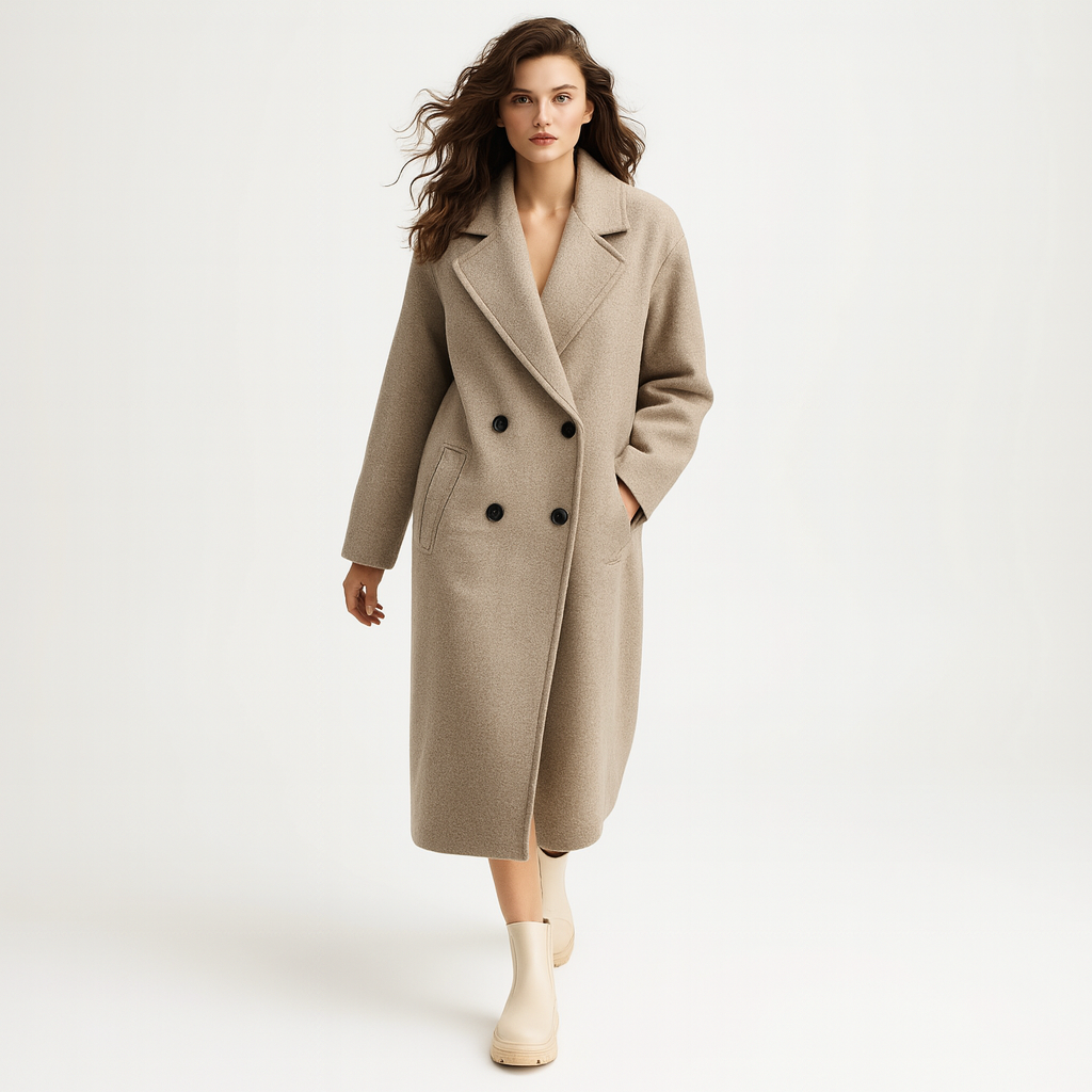 Elegant lang frakke med klassisk snit og stilren silhuet