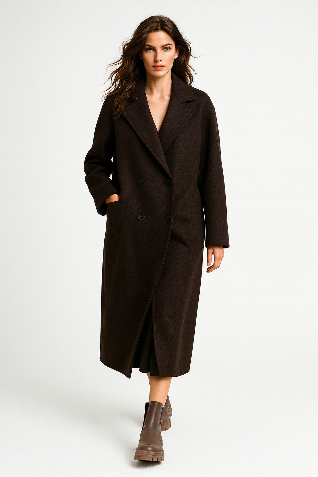 Elegant lang frakke med klassisk snit og stilren silhuet