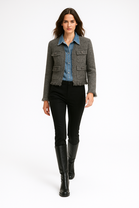 Kvinders kort jakke | Patchwork design | Frynsekant & struktureret finish