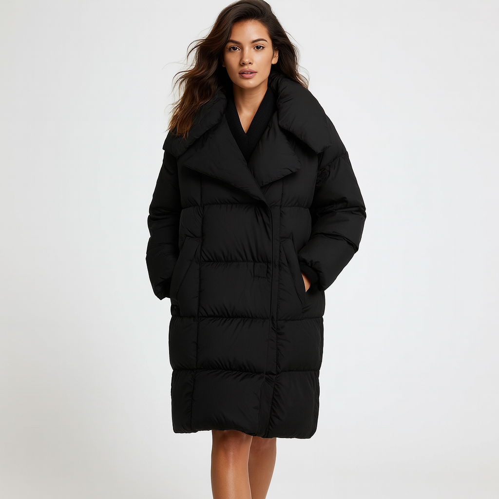 Lang quiltet vinterfrakke til kvinder | Voluminært design | Let og varm