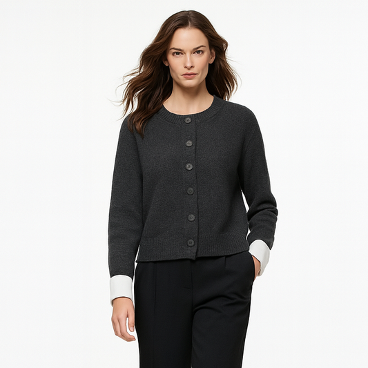 Strikket cardigan til kvinder | Kontrastmanchetter | Moderne rund hals