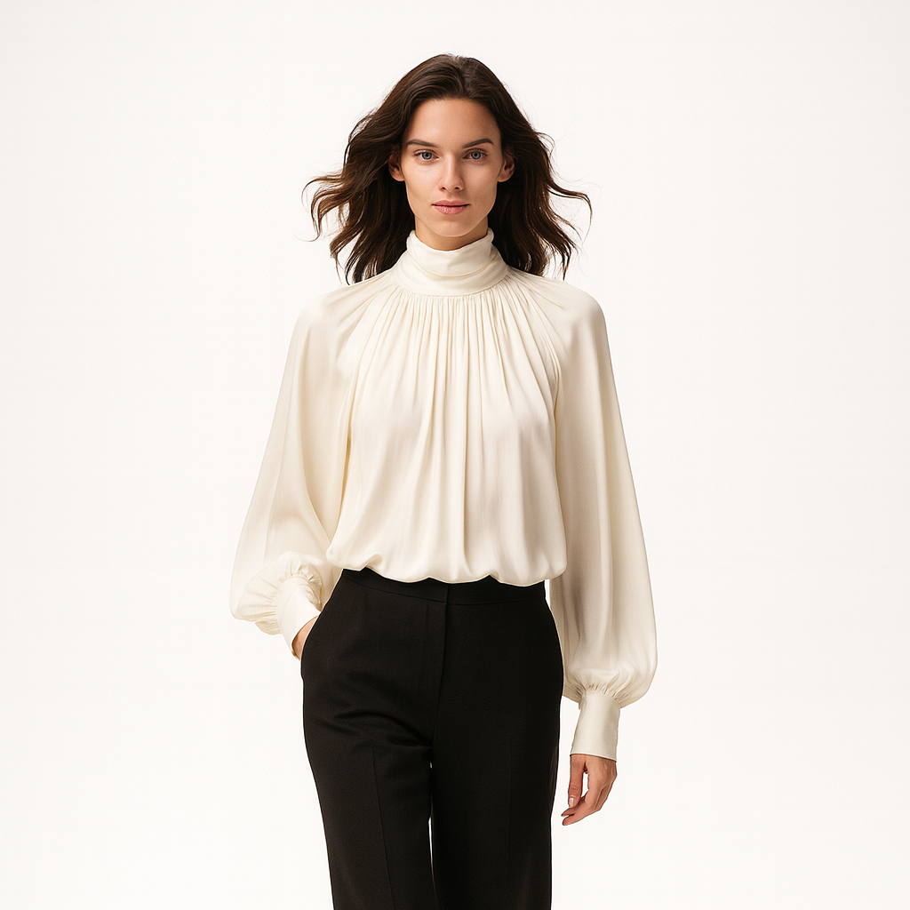 Elegant draperet bluse med høj hals til kvinder