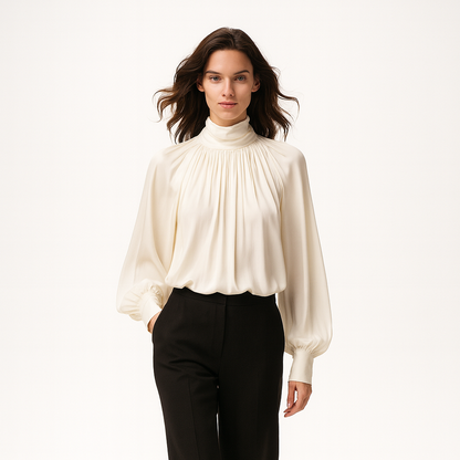 Elegant draperet bluse med høj hals til kvinder
