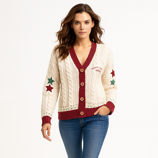 Strikket julecardigan til kvinder | Broderede stjerner | Hyggeligt festligt design