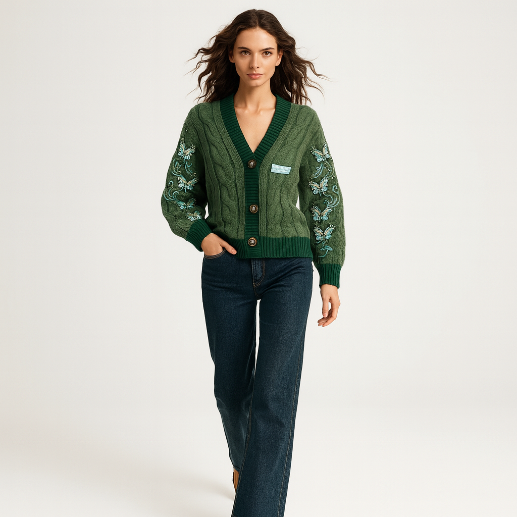 Strikket julecardigan til kvinder | Broderede stjerner | Hyggeligt festligt design