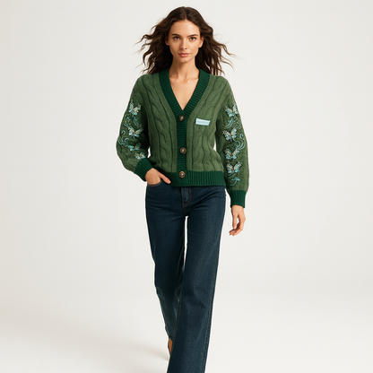 Strikket julecardigan til kvinder | Broderede stjerner | Hyggeligt festligt design