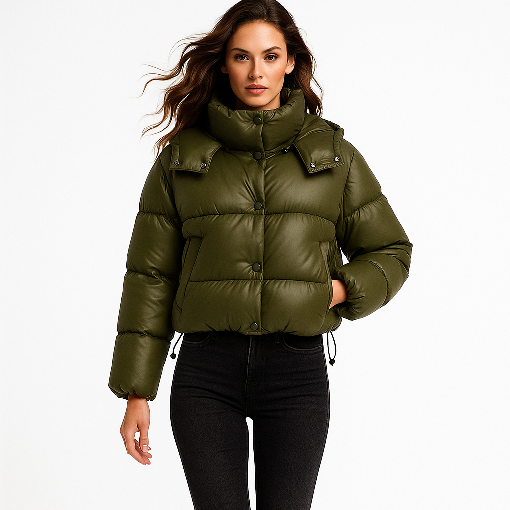 Kort damevinterjakke | Hætte og høj krave | Foret pufferdesign med sidelommer