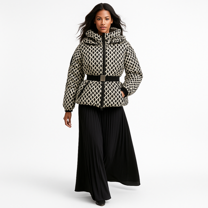 Dame vinterjakke med hætte | Foret pufferdesign med bælte | Varm og vindtæt