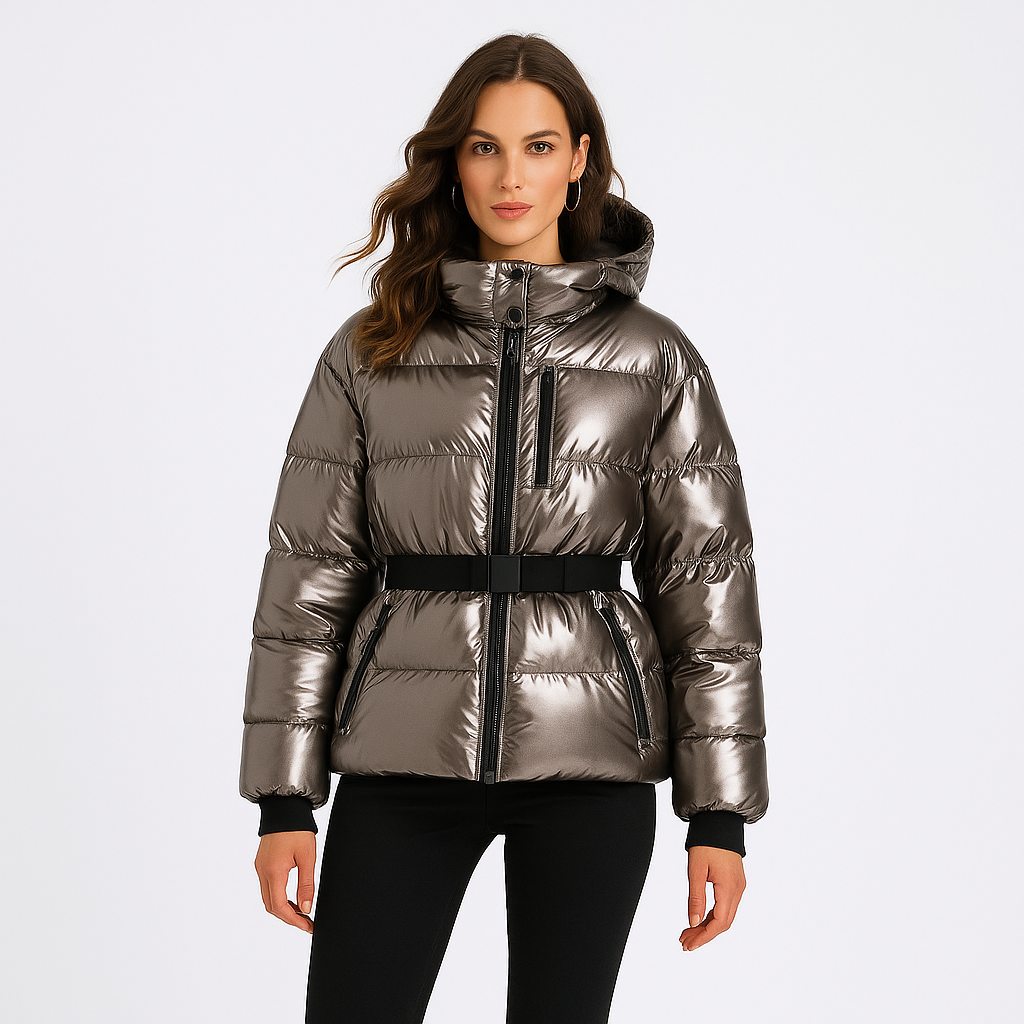 Dame vinterjakke med hætte | Foret pufferdesign med bælte | Varm og vindtæt