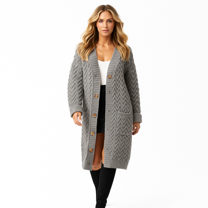 Lang damecardigan i strik | Vintermodel med knapper | Løs pasform