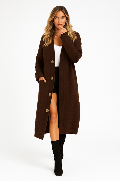 Lang damecardigan i strik | Vintermodel med knapper | Løs pasform