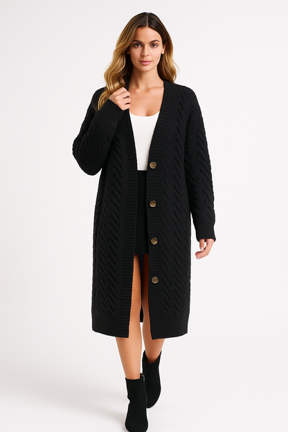 Lang damecardigan i strik | Vintermodel med knapper | Løs pasform