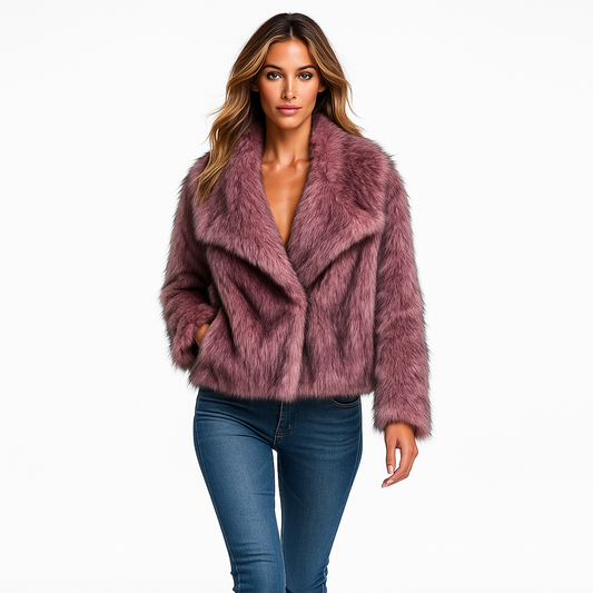 Damejakke i faux fur | Varm vintermodel | Oversized med reverskrave
