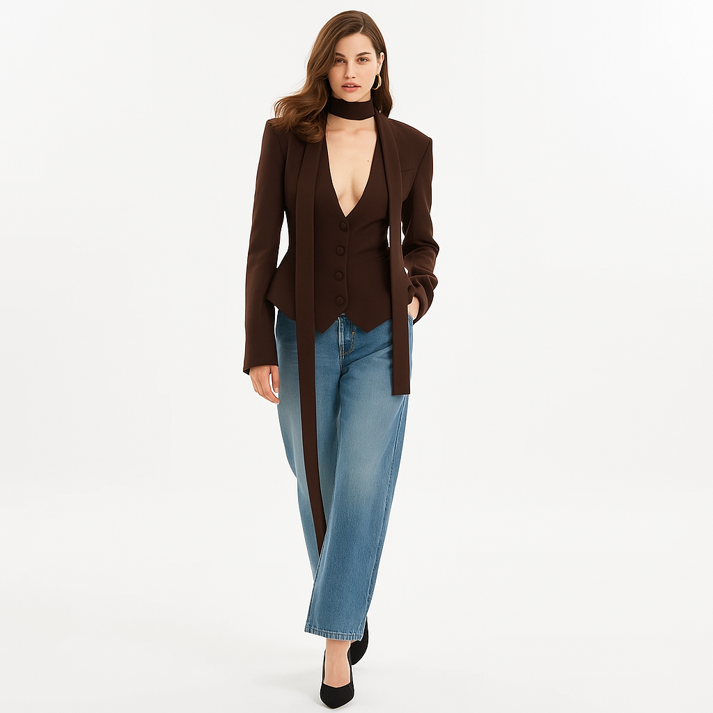 Elegant Blazer til Kvinder | V-udskæring med Scarf | Taljeret Enkeltknap Jakke