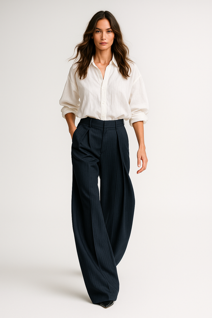 Damebukser med striber | Høj talje og brede ben | Løse, elegante bukser med læg