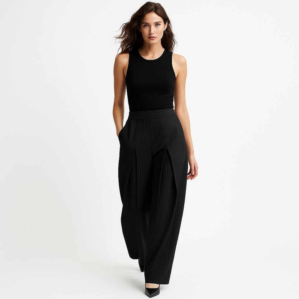 Damebukser med striber | Høj talje og brede ben | Løse, elegante bukser med læg