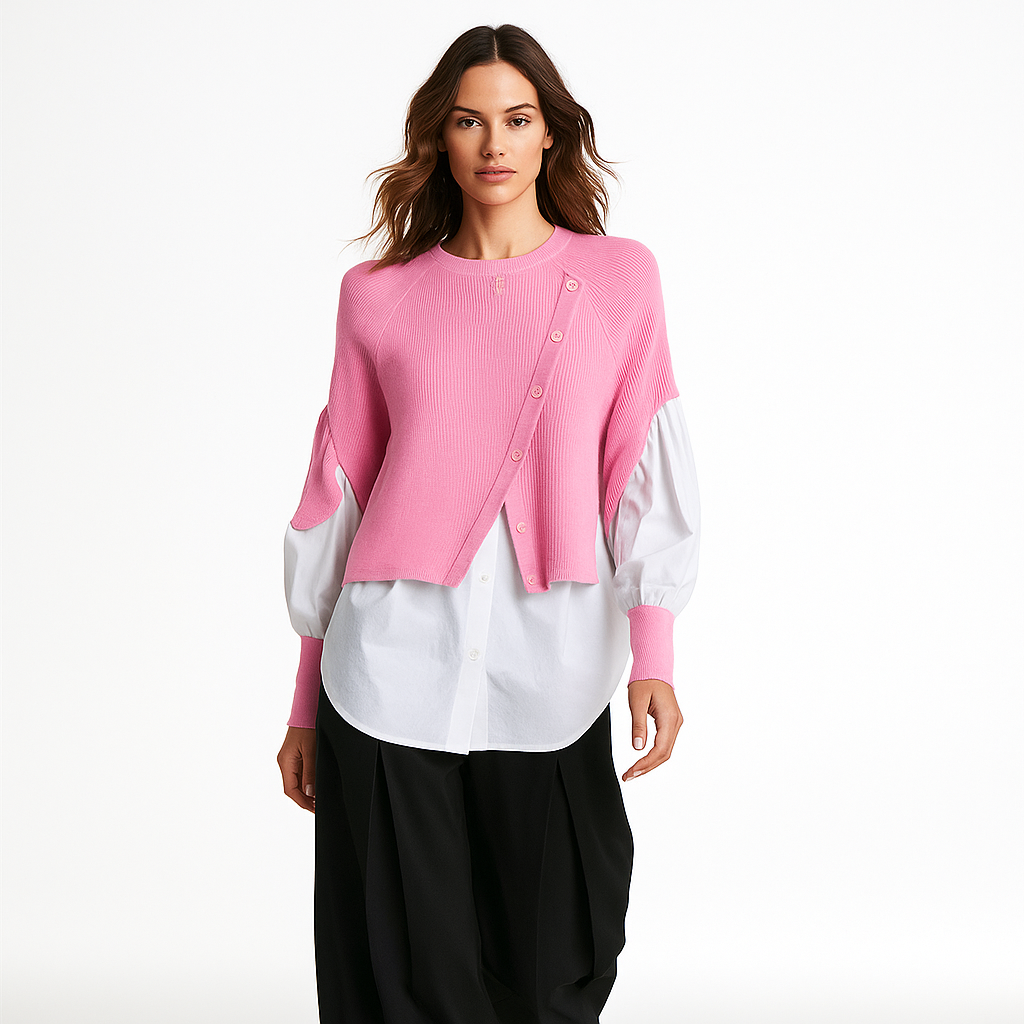 Striktrøje med Skjorte-Detalje | Patchwork Crew Neck Top | Elegant Dameoverdel