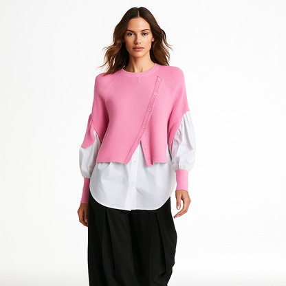 Striktrøje med Skjorte-Detalje | Patchwork Crew Neck Top | Elegant Dameoverdel