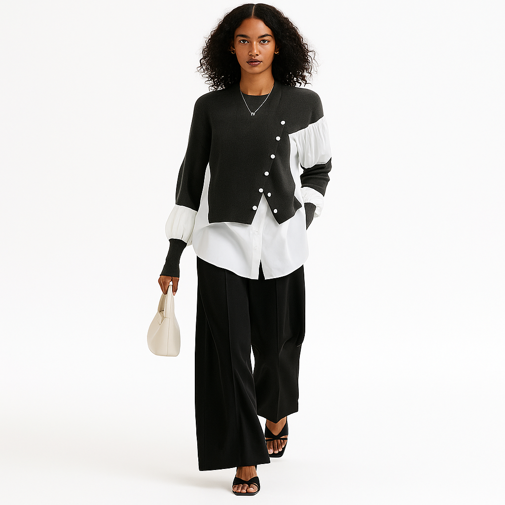 Striktrøje med Skjorte-Detalje | Patchwork Crew Neck Top | Elegant Dameoverdel