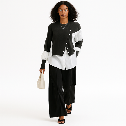 Striktrøje med Skjorte-Detalje | Patchwork Crew Neck Top | Elegant Dameoverdel