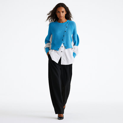 Striktrøje med Skjorte-Detalje | Patchwork Crew Neck Top | Elegant Dameoverdel