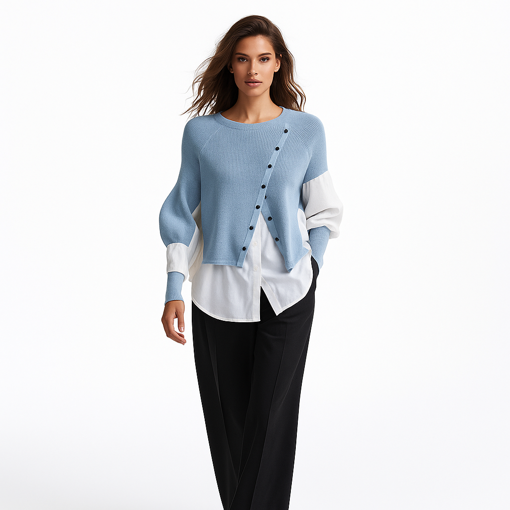 Striktrøje med Skjorte-Detalje | Patchwork Crew Neck Top | Elegant Dameoverdel