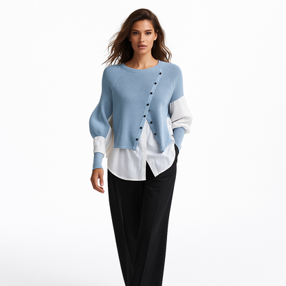 Striktrøje med Skjorte-Detalje | Patchwork Crew Neck Top | Elegant Dameoverdel