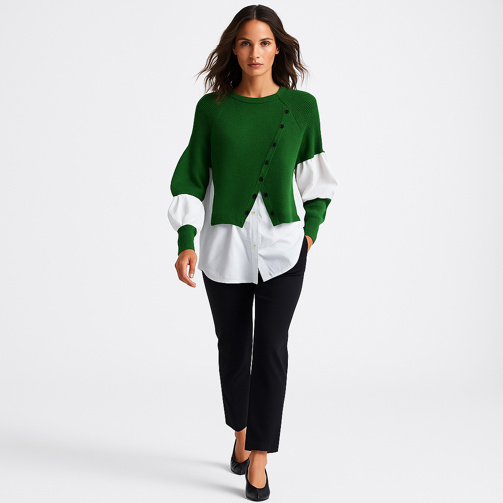 Striktrøje med Skjorte-Detalje | Patchwork Crew Neck Top | Elegant Dameoverdel