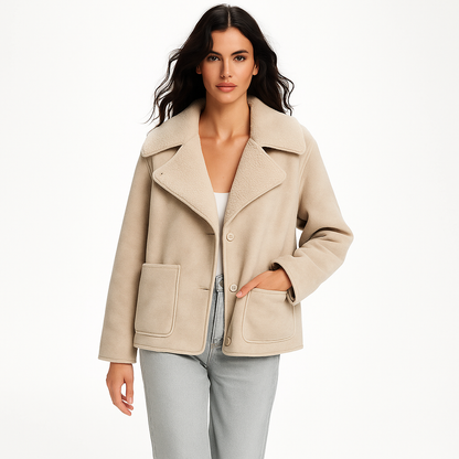 Damejakke med fåreskindslook | Dobbeltkrave | Oversized vinterjakke