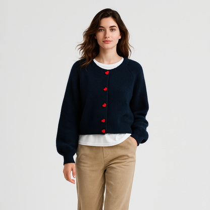 Dame cardigan i uld | Hjerteknapper | Blød varm strik til efterår/vinter