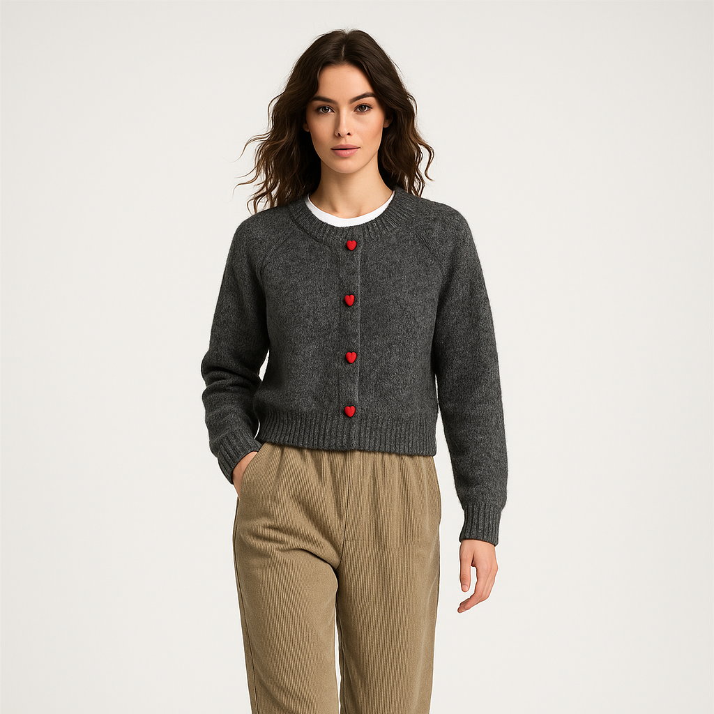 Dame cardigan i uld | Hjerteknapper | Blød varm strik til efterår/vinter