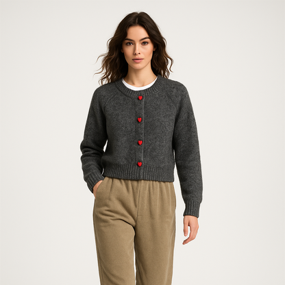 Dame cardigan i uld | Hjerteknapper | Blød varm strik til efterår/vinter