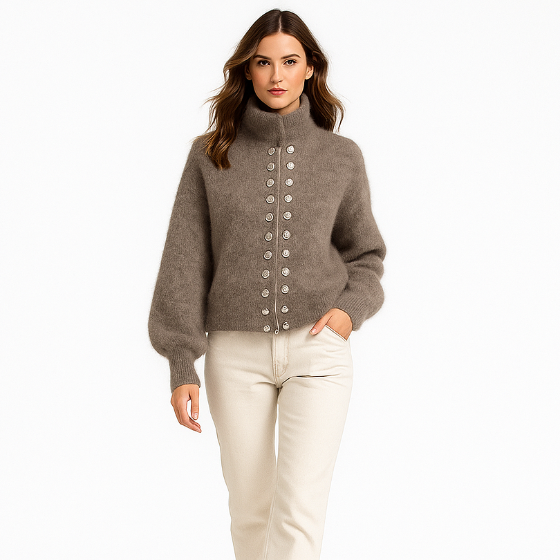 Kvinders luksusstrik med lynlås | Fluffy tekstur | Dobbelt knaplukning