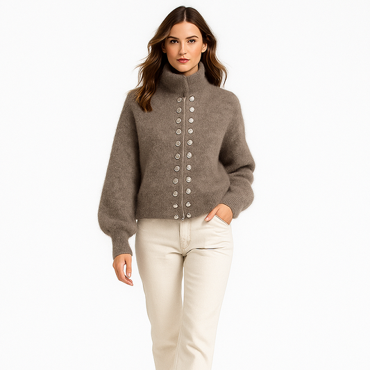 Kvinders luksusstrik med lynlås | Fluffy tekstur | Dobbelt knaplukning