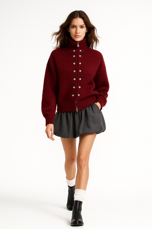 Kvinders luksusstrik med lynlås | Fluffy tekstur | Dobbelt knaplukning