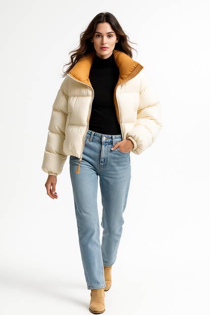 Kvinders kort puffer dunjakke | Vindafvisende | Løs pasform & varm vinterjakke