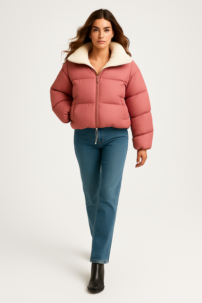 Kvinders kort puffer dunjakke | Vindafvisende | Løs pasform & varm vinterjakke