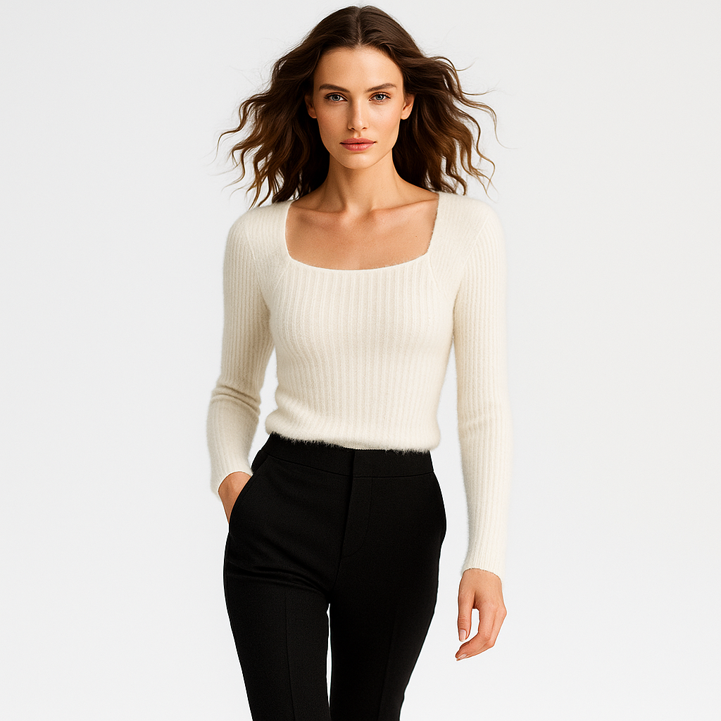 Kvinders trøje | Slim fit | Blød børstet tekstur | Firkantet halsudskæring