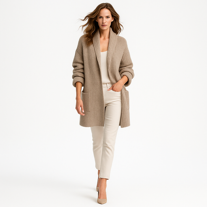 Kvinders cardigan i strik | Åben front | Blød børstet tekstur | Med lommer