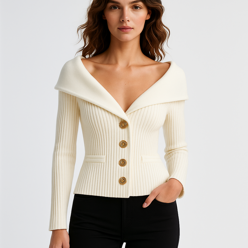 Kvinders cardigan i ribstrik | Elegant taljeret snit | Guldknapper | Bred krave