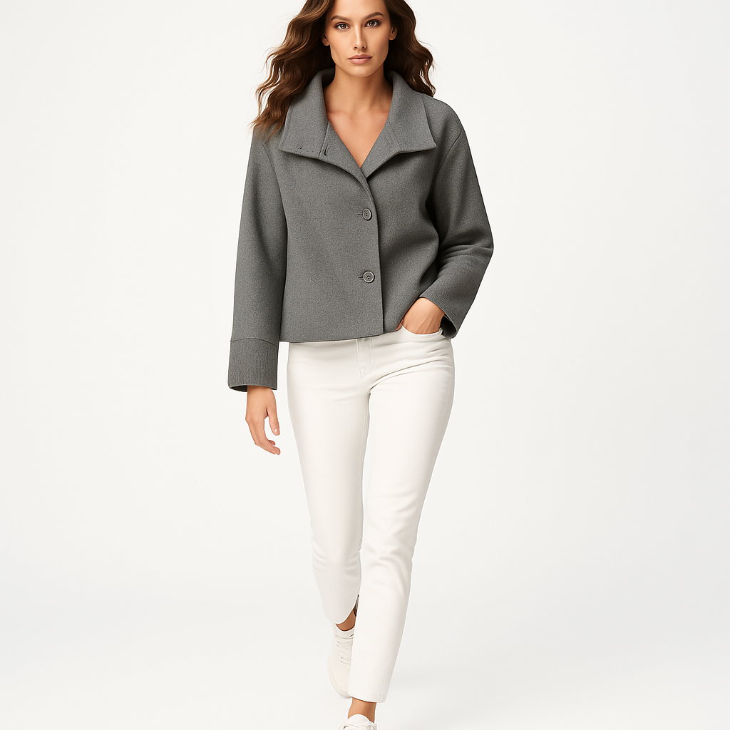 Kvinders kort uldjakke | Høj krave | Enkel knaplukning