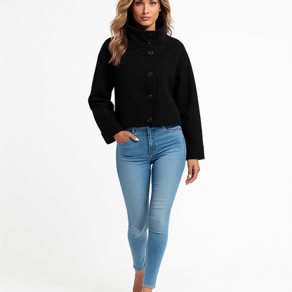 Kvinders kort uldjakke | Høj krave | Enkel knaplukning