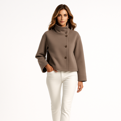 Kvinders kort uldjakke | Høj krave | Enkel knaplukning