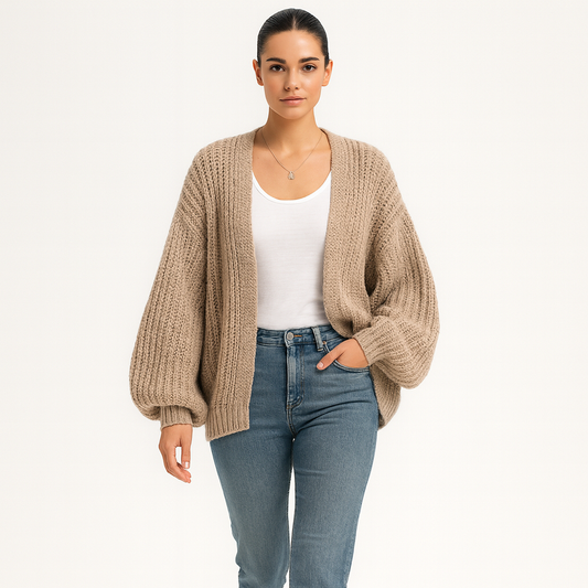 Dame cardigan i chunky strik | Løs pasform med lanterneærmer | Casual og hyggelig stil