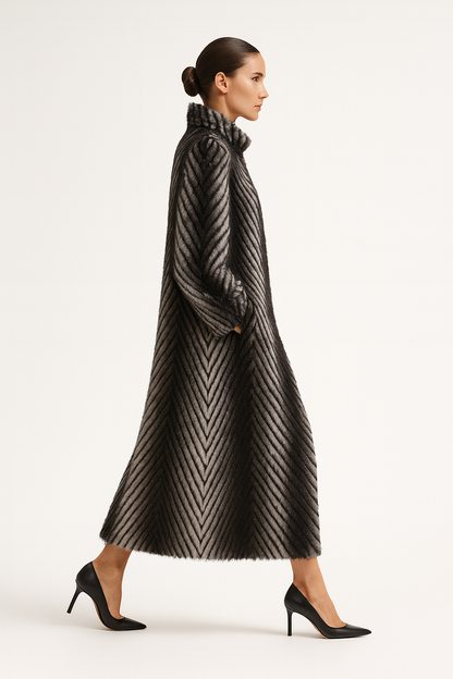 Lang damefrakke i imitation mink | Ståkrave | Elegant gradueret design