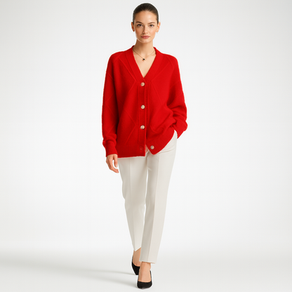 Dame Cardigan | V-Hals | Strikket Design med Jacquard Detaljer | Elegant Pendlerstil